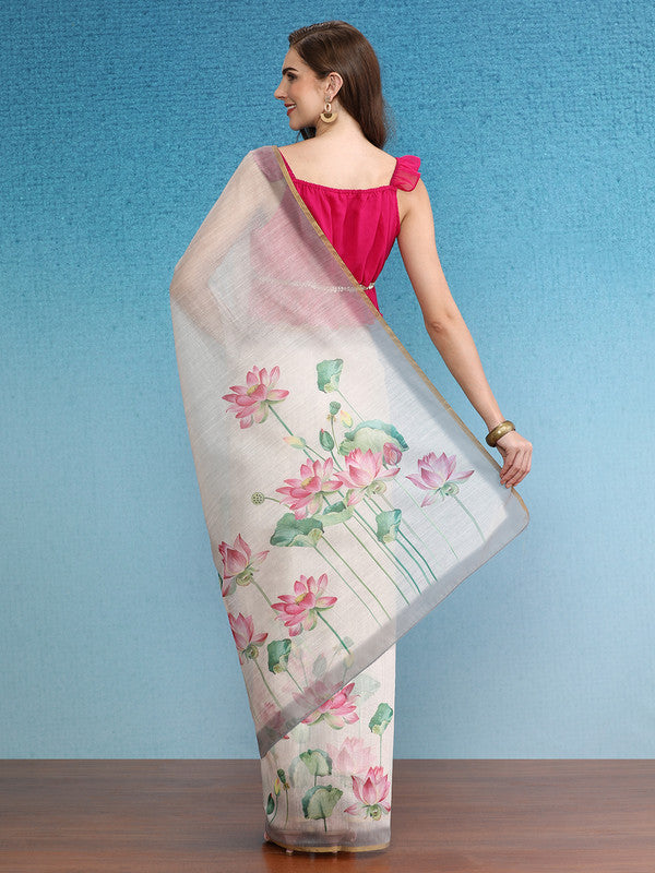 Beige Cotton Blend Digital Print Floral Saree with Unstitched Blouse - Hiral Fashion | Grocsy
