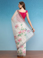 Beige Cotton Blend Digital Print Floral Saree with Unstitched Blouse - Hiral Fashion | Grocsy