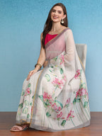 Beige Cotton Blend Digital Print Floral Saree with Unstitched Blouse - Hiral Fashion | Grocsy