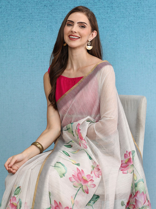 Beige Cotton Blend Digital Print Floral Saree with Unstitched Blouse - Hiral Fashion | Grocsy