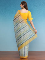 Mustard Cotton Blend Digital Print Striped Saree with Unstitched Blouse - Hiral Fashion | Grocsy