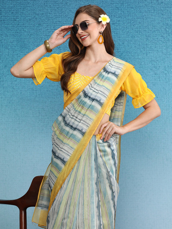 Mustard Cotton Blend Digital Print Striped Saree with Unstitched Blouse - Hiral Fashion | Grocsy