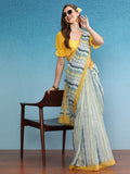Mustard Cotton Blend Digital Print Striped Saree with Unstitched Blouse - Hiral Fashion | Grocsy