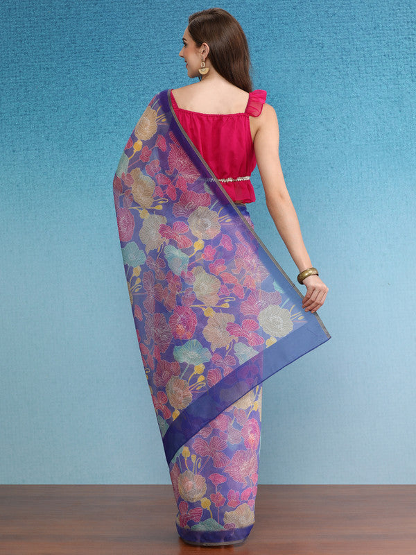 Multicolor Cotton Blend Digital Print Floral Saree with Unstitched Blouse - Hiral Fashion | Grocsy