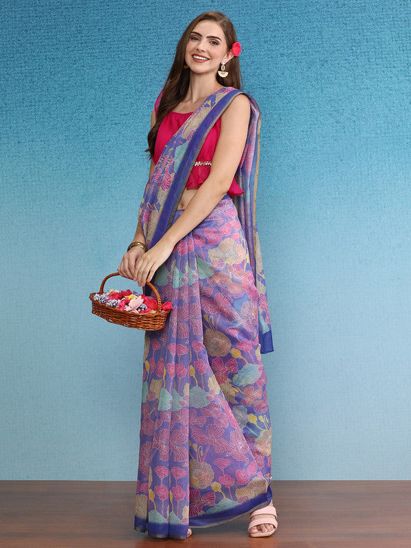 Multicolor Cotton Blend Digital Print Floral Saree with Unstitched Blouse - Hiral Fashion | Grocsy