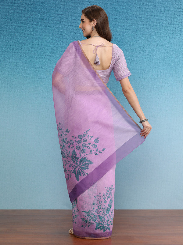 Purple Cotton Blend Digital Print Floral Saree with Unstitched Blouse - Hiral Fashion | Grocsy