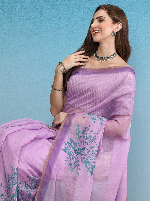 Purple Cotton Blend Digital Print Floral Saree with Unstitched Blouse - Hiral Fashion | Grocsy