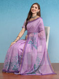 Purple Cotton Blend Digital Print Floral Saree with Unstitched Blouse - Hiral Fashion | Grocsy