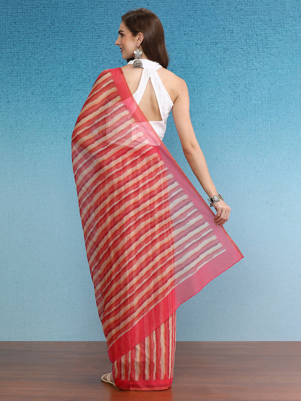 Red Cotton Blend Digital Print Striped Saree with Unstitched Blouse - Hiral Fashion | Grocsy