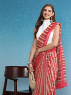 Red Cotton Blend Digital Print Striped Saree with Unstitched Blouse - Hiral Fashion | Grocsy