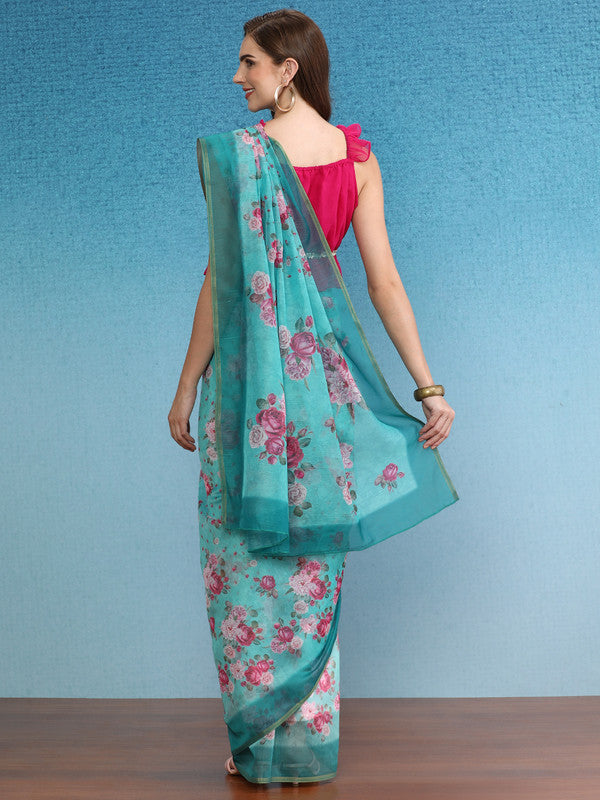 Turquoise Cotton Blend Digital Print Floral Saree with Unstitched Blouse - Hiral Fashion | Grocsy