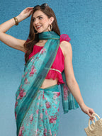 Turquoise Cotton Blend Digital Print Floral Saree with Unstitched Blouse - Hiral Fashion | Grocsy