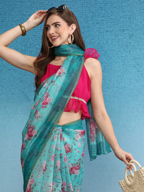 Turquoise Cotton Blend Digital Print Floral Saree with Unstitched Blouse - Hiral Fashion | Grocsy
