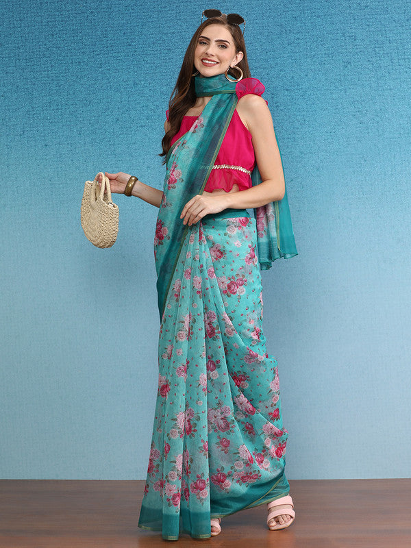 Turquoise Cotton Blend Digital Print Floral Saree with Unstitched Blouse - Hiral Fashion | Grocsy
