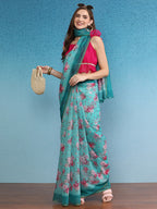 Turquoise Cotton Blend Digital Print Floral Saree with Unstitched Blouse - Hiral Fashion | Grocsy