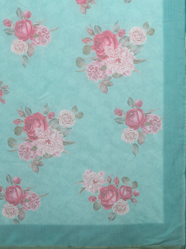 Turquoise Cotton Blend Digital Print Floral Saree with Unstitched Blouse - Hiral Fashion | Grocsy