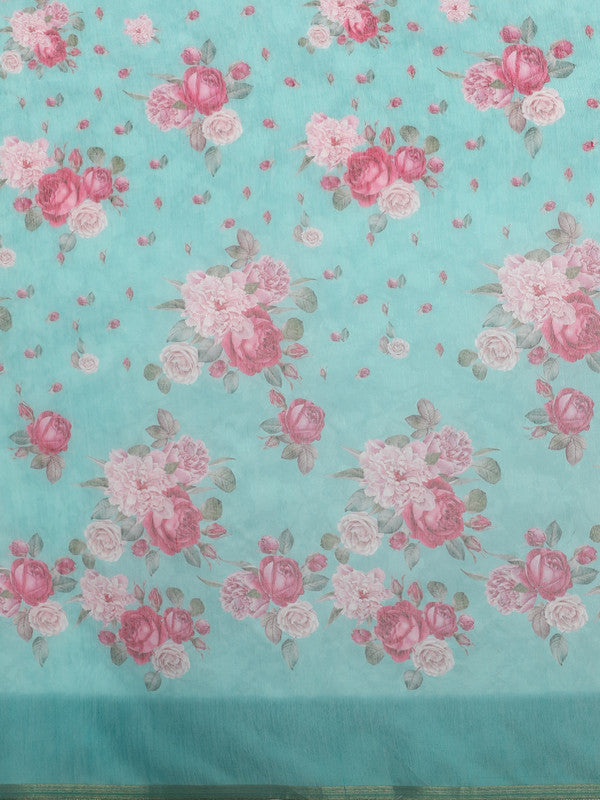 Turquoise Cotton Blend Digital Print Floral Saree with Unstitched Blouse - Hiral Fashion | Grocsy