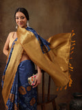 Blue Kanjeevaram Silk Digital Print Floral Saree with Unstitched Blouse - Hiral Fashion | Grocsy