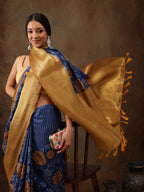 Blue Kanjeevaram Silk Digital Print Floral Saree with Unstitched Blouse - Hiral Fashion | Grocsy