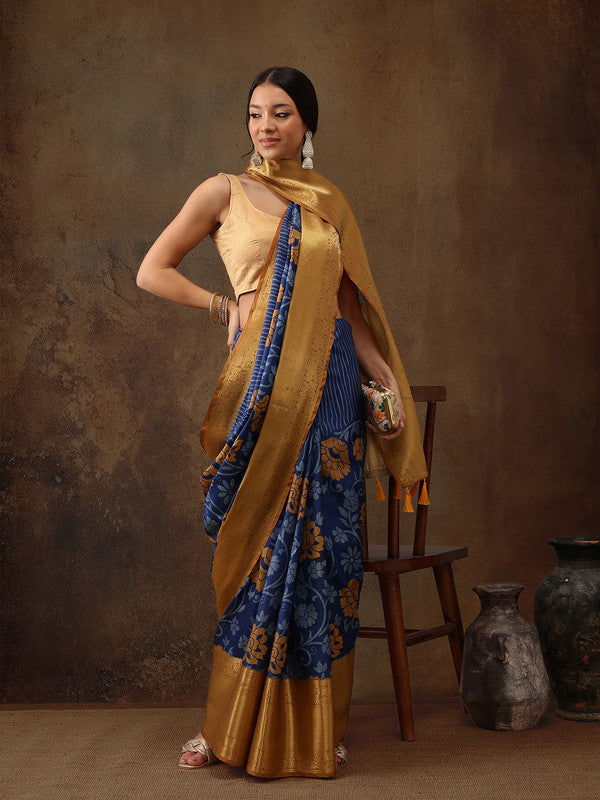 Blue Kanjeevaram Silk Digital Print Floral Saree with Unstitched Blouse - Hiral Fashion | Grocsy
