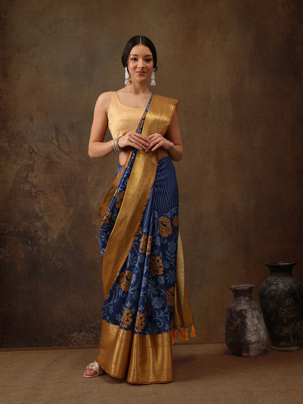 Blue Kanjeevaram Silk Digital Print Floral Saree with Unstitched Blouse - Hiral Fashion | Grocsy