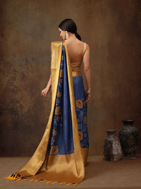 Blue Kanjeevaram Silk Digital Print Floral Saree with Unstitched Blouse - Hiral Fashion | Grocsy