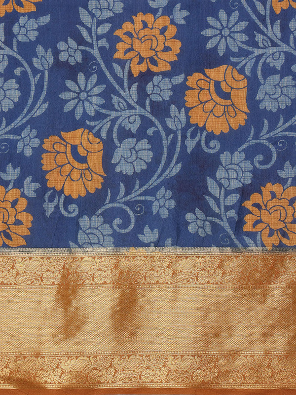 Blue Kanjeevaram Silk Digital Print Floral Saree with Unstitched Blouse - Hiral Fashion | Grocsy