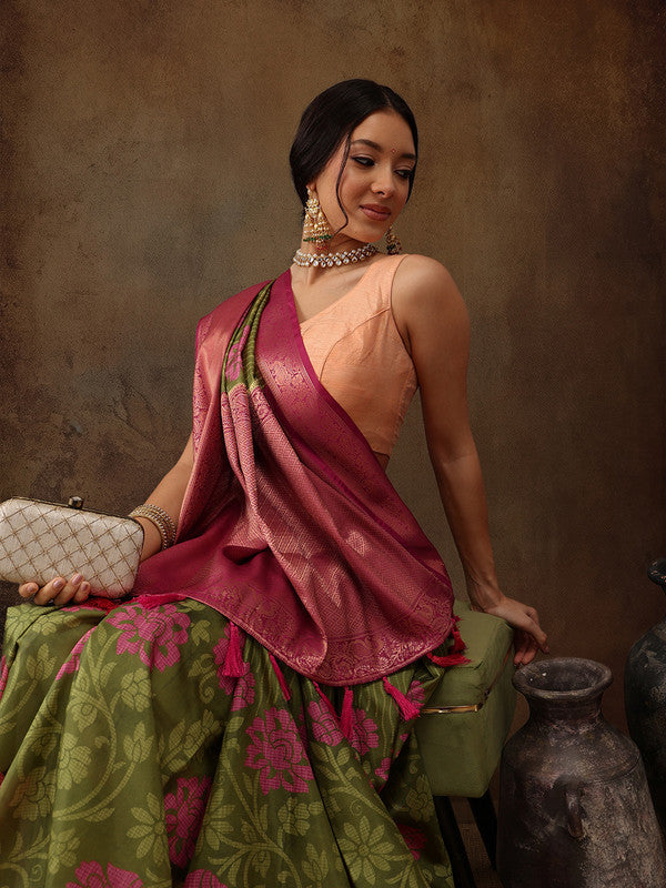 Olive Kanjeevaram Silk Digital Print Floral Saree with Unstitched Blouse - Hiral Fashion | Grocsy