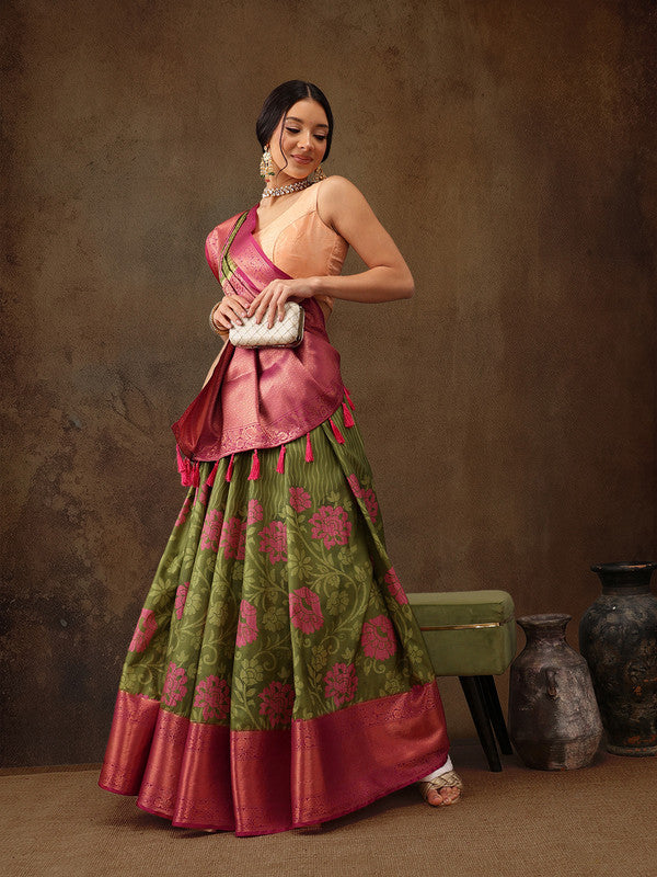 Olive Kanjeevaram Silk Digital Print Floral Saree with Unstitched Blouse - Hiral Fashion | Grocsy