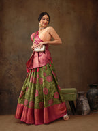 Olive Kanjeevaram Silk Digital Print Floral Saree with Unstitched Blouse - Hiral Fashion | Grocsy