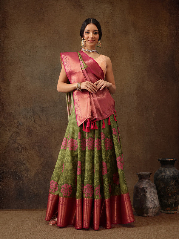 Olive Kanjeevaram Silk Digital Print Floral Saree with Unstitched Blouse - Hiral Fashion | Grocsy