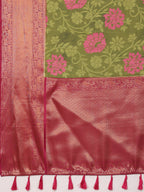 Olive Kanjeevaram Silk Digital Print Floral Saree with Unstitched Blouse - Hiral Fashion | Grocsy