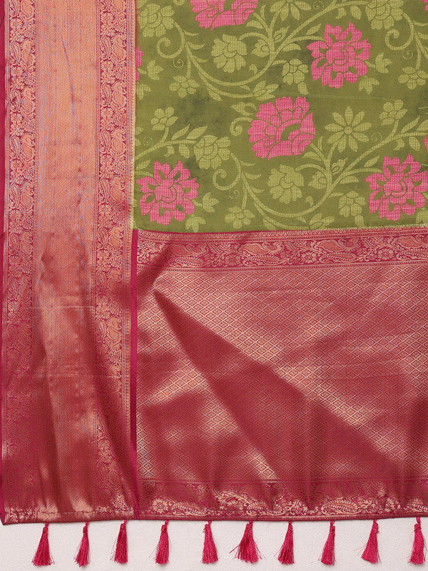 Olive Kanjeevaram Silk Digital Print Floral Saree with Unstitched Blouse - Hiral Fashion | Grocsy