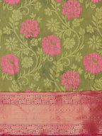 Olive Kanjeevaram Silk Digital Print Floral Saree with Unstitched Blouse - Hiral Fashion | Grocsy