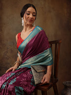 Pink Kanjeevaram Silk Digital Print Floral Saree with Unstitched Blouse - Hiral Fashion | Grocsy