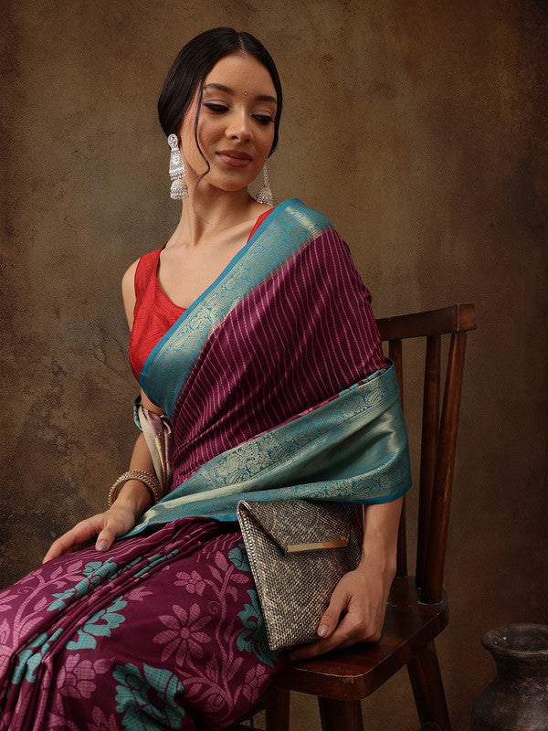 Pink Kanjeevaram Silk Digital Print Floral Saree with Unstitched Blouse - Hiral Fashion | Grocsy