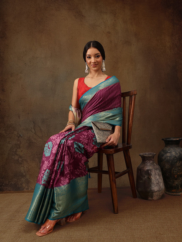 Pink Kanjeevaram Silk Digital Print Floral Saree with Unstitched Blouse - Hiral Fashion | Grocsy