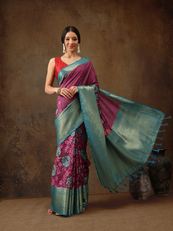 Pink Kanjeevaram Silk Digital Print Floral Saree with Unstitched Blouse - Hiral Fashion | Grocsy
