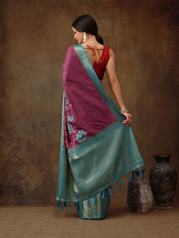 Pink Kanjeevaram Silk Digital Print Floral Saree with Unstitched Blouse - Hiral Fashion | Grocsy