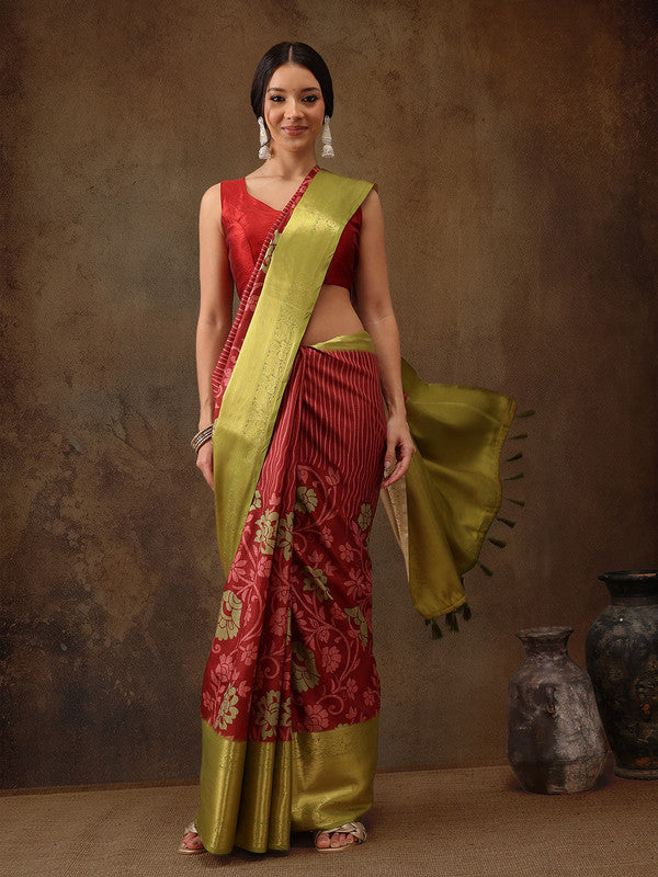 Red Kanjeevaram Silk Digital Print Floral Saree with Unstitched Blouse - Hiral Fashion | Grocsy