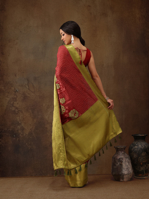 Red Kanjeevaram Silk Digital Print Floral Saree with Unstitched Blouse - Hiral Fashion | Grocsy