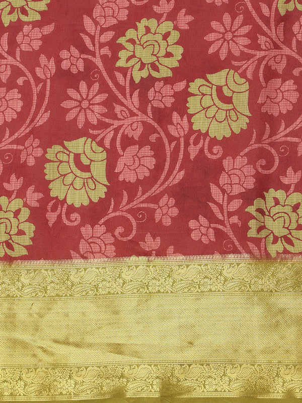 Red Kanjeevaram Silk Digital Print Floral Saree with Unstitched Blouse - Hiral Fashion | Grocsy