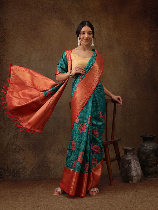 Turquoise Kanjeevaram Silk Digital Print Floral Saree with Unstitched Blouse - Hiral Fashion | Grocsy
