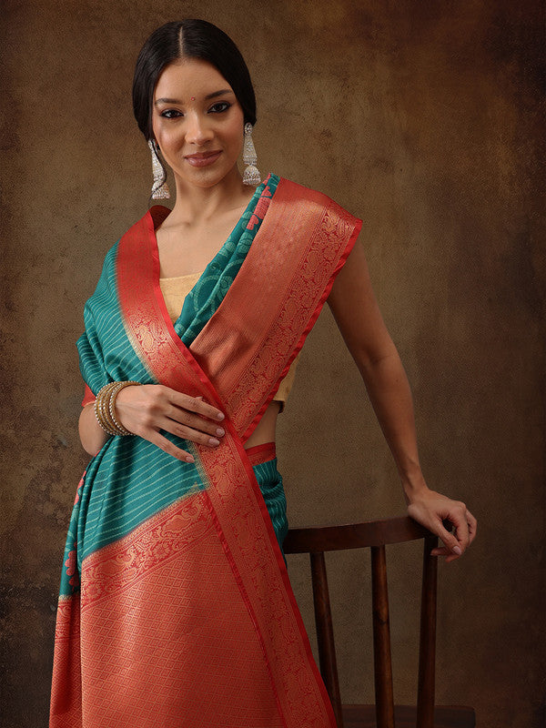 Turquoise Kanjeevaram Silk Digital Print Floral Saree with Unstitched Blouse - Hiral Fashion | Grocsy