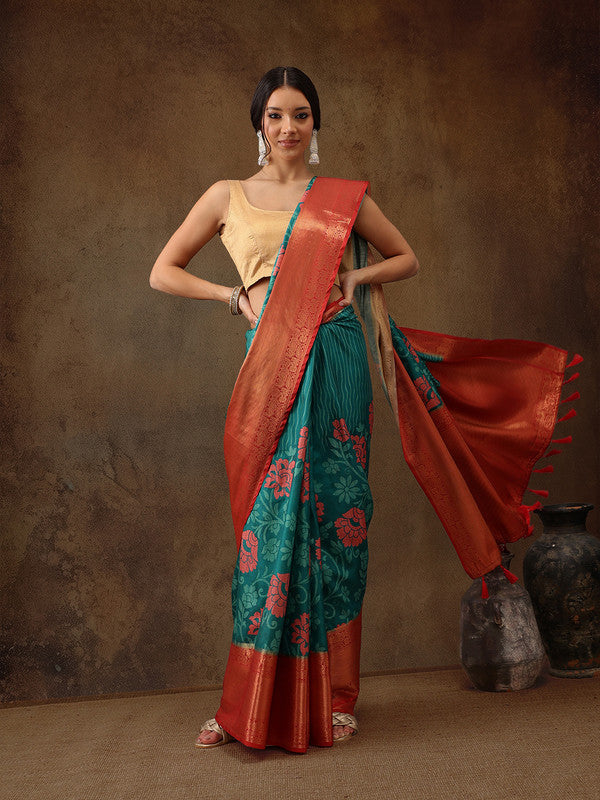 Turquoise Kanjeevaram Silk Digital Print Floral Saree with Unstitched Blouse - Hiral Fashion | Grocsy