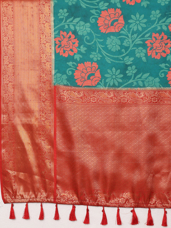 Turquoise Kanjeevaram Silk Digital Print Floral Saree with Unstitched Blouse - Hiral Fashion | Grocsy