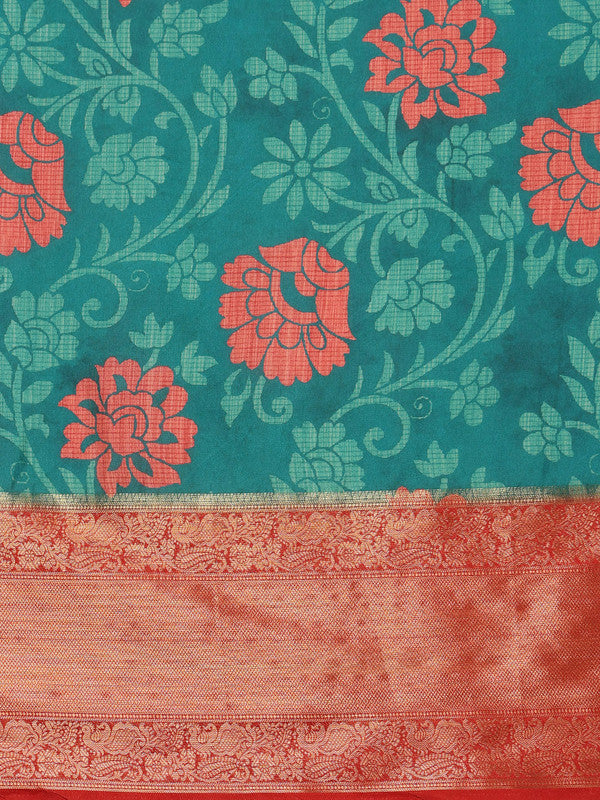 Turquoise Kanjeevaram Silk Digital Print Floral Saree with Unstitched Blouse - Hiral Fashion | Grocsy
