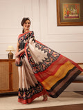 Hiral Fashion Beige Ikkat Kotha Silk Floral Digital Print Saree | Grocsy