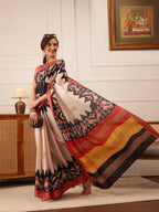 Hiral Fashion Beige Ikkat Kotha Silk Floral Digital Print Saree | Grocsy