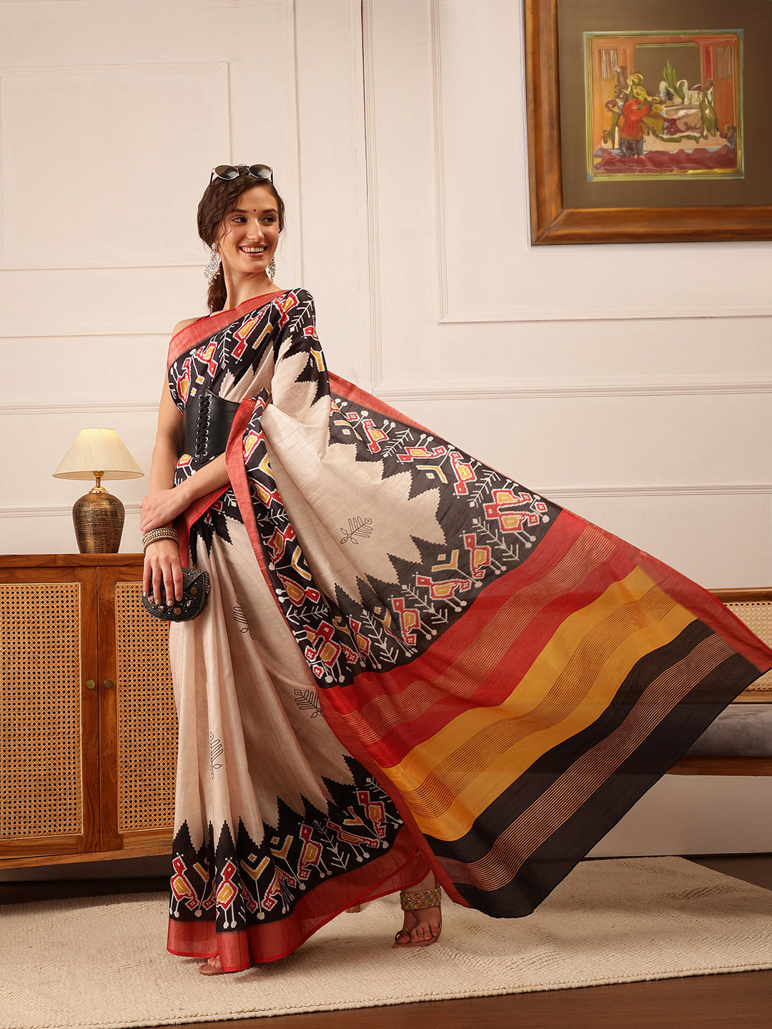 Hiral Fashion Beige Ikkat Kotha Silk Floral Digital Print Saree | Grocsy